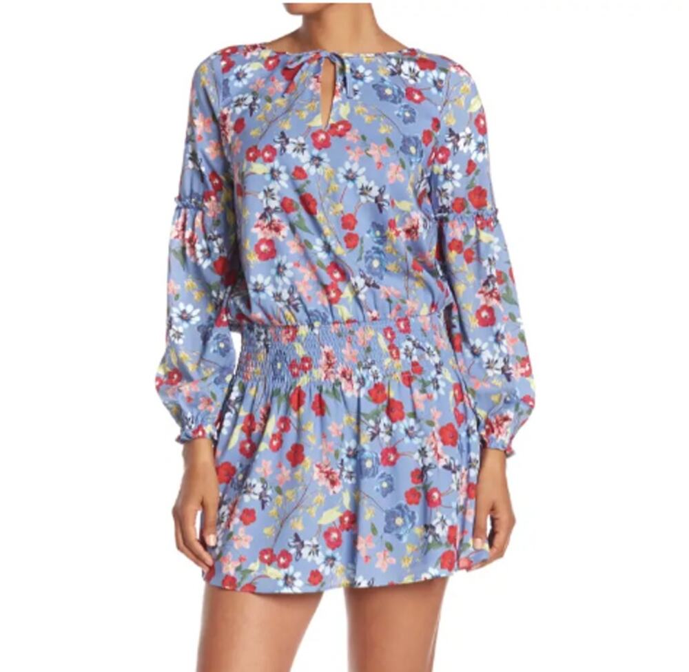 Parker Floral Smocked Waist Key Hole Ruffle Long Sleeve Dress Periwinkle Medium